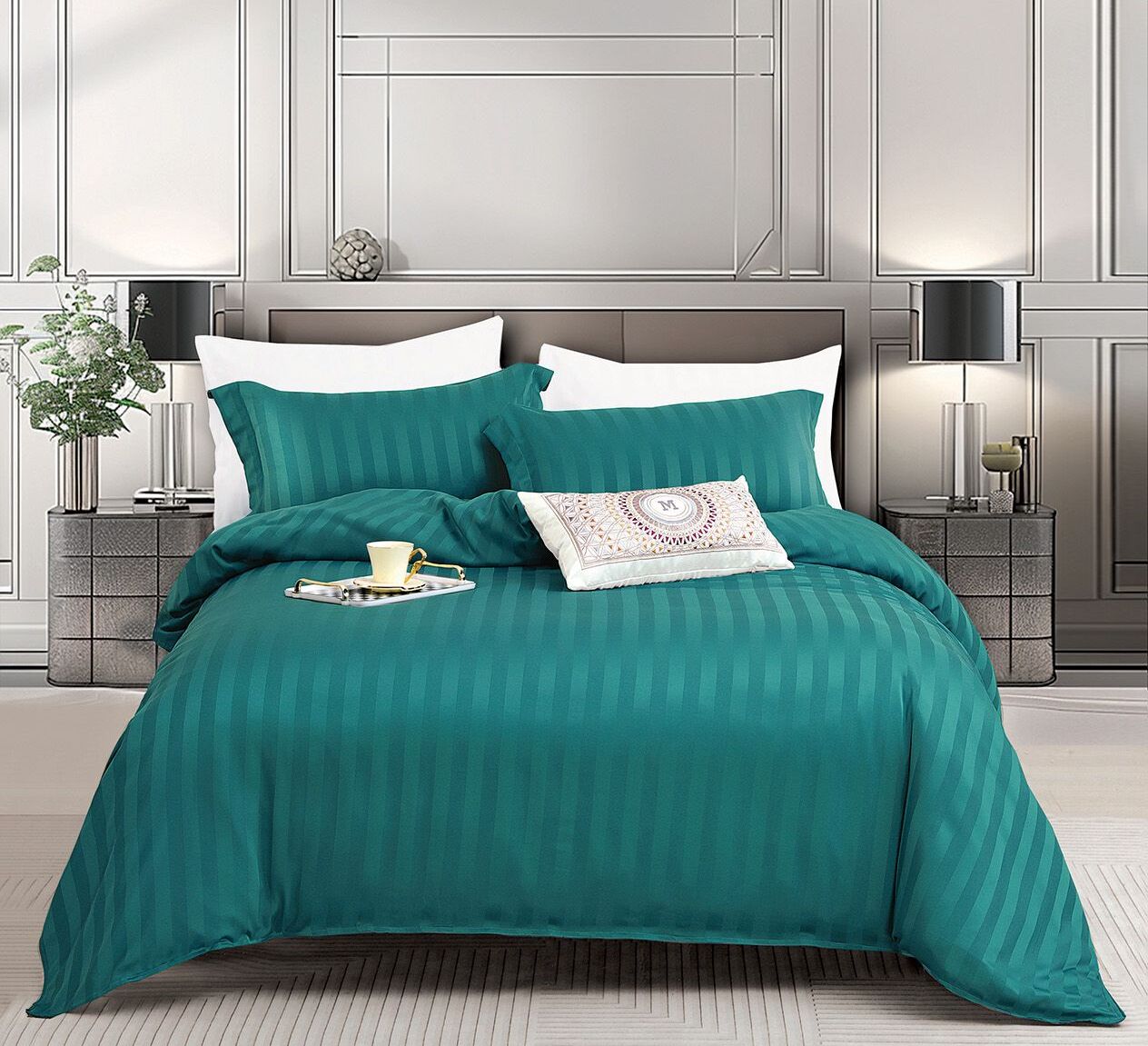 Lenjerie de pat damasc Premium cu elastic - 1 persoana – 4 piese | 14247-PR