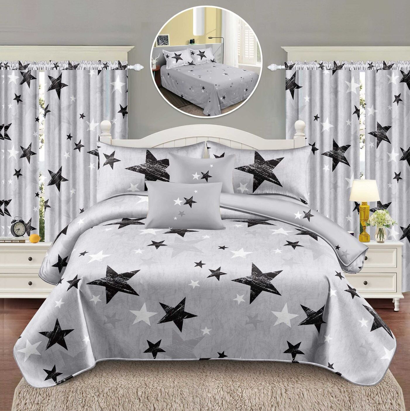 Lenjerie de pat bumbac finet – 6 piese + 2 Draperii | 16089-C