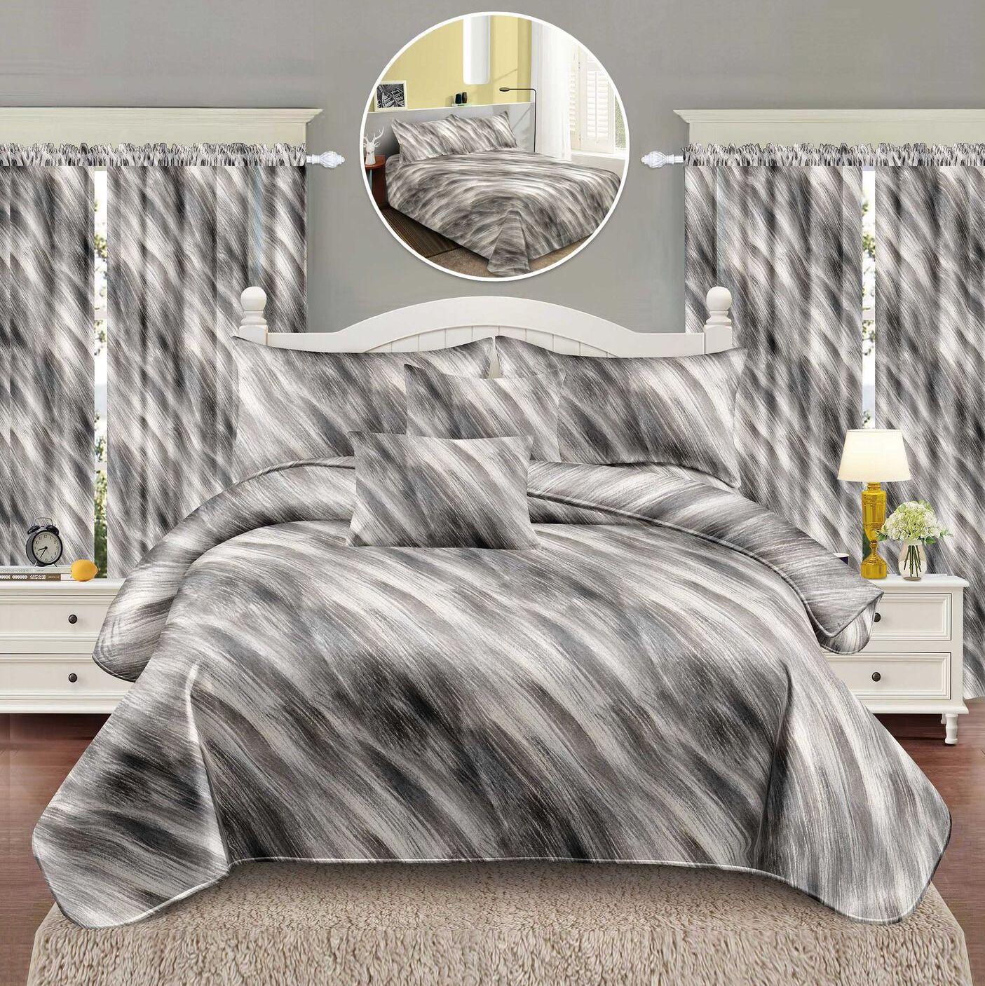 Lenjerie de pat bumbac finet – 6 piese + 2 Draperii | 16091-C