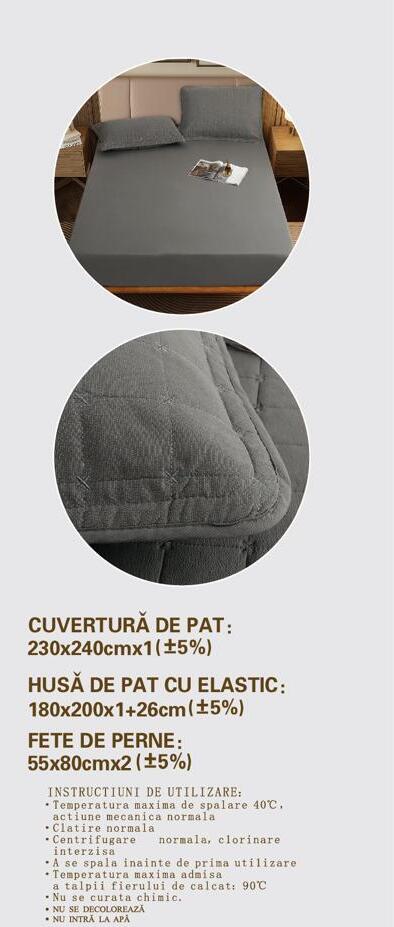 Cuvertura de pat 100% bumbac + husa de pat cu elastic + 2 fete de perna- 4 piese | 16438-CH