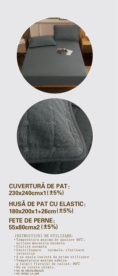 Cuvertura de pat 100% bumbac + husa de pat cu elastic + 2 fete de perna- 4 piese | 16439-CH
