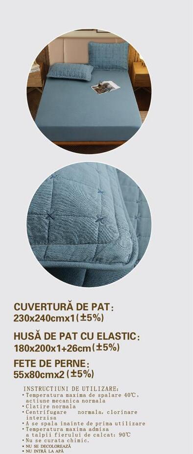 Cuvertura de pat 100% bumbac + husa de pat cu elastic + 2 fete de perna- 4 piese | 16433-CH