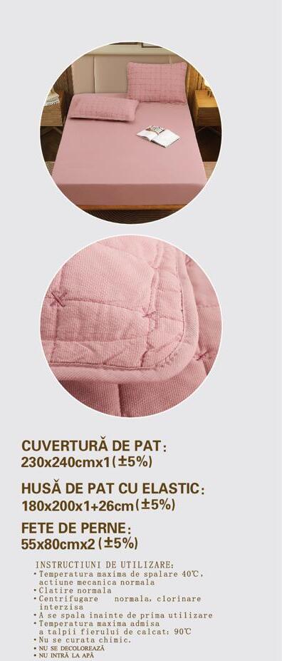 Cuvertura de pat 100% bumbac + husa de pat cu elastic + 2 fete de perna- 4 piese | 16432-CH