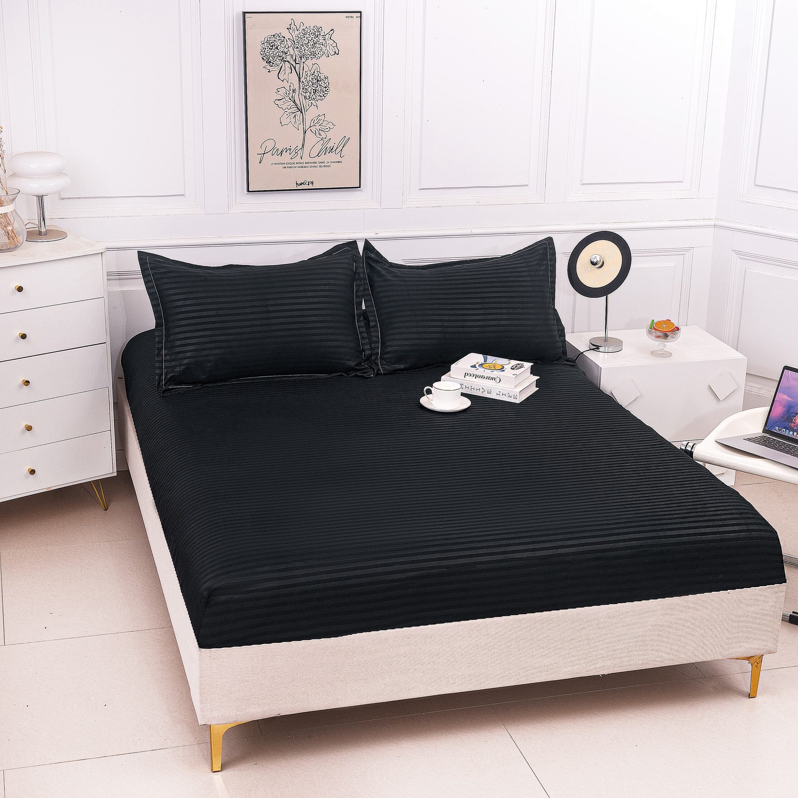 Husa de pat bumbac damasc Hotelier - cu elastic - 3 piese | 16807-P
