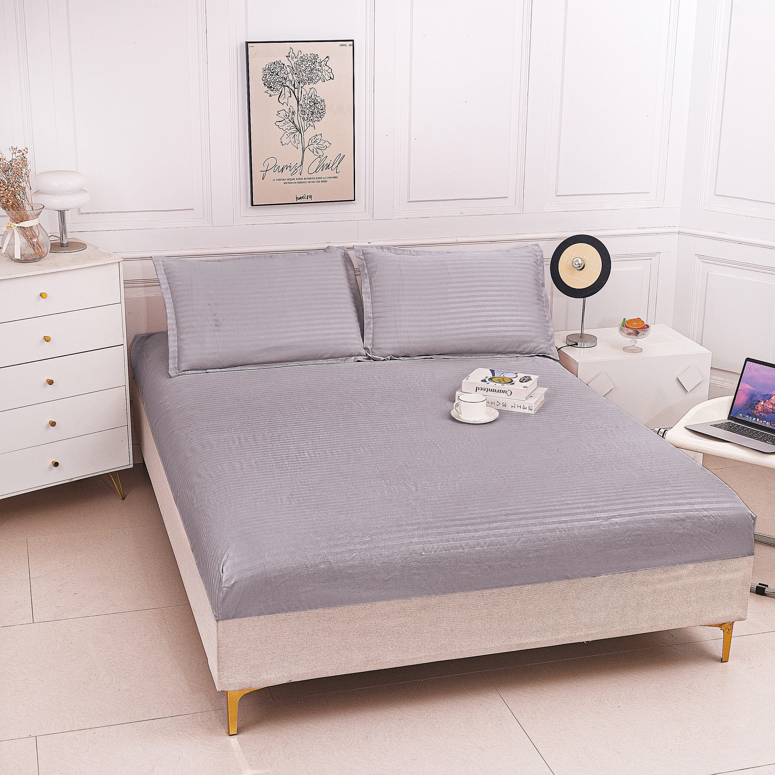 Husa de pat bumbac damasc Hotelier - cu elastic - 3 piese | 16803-P