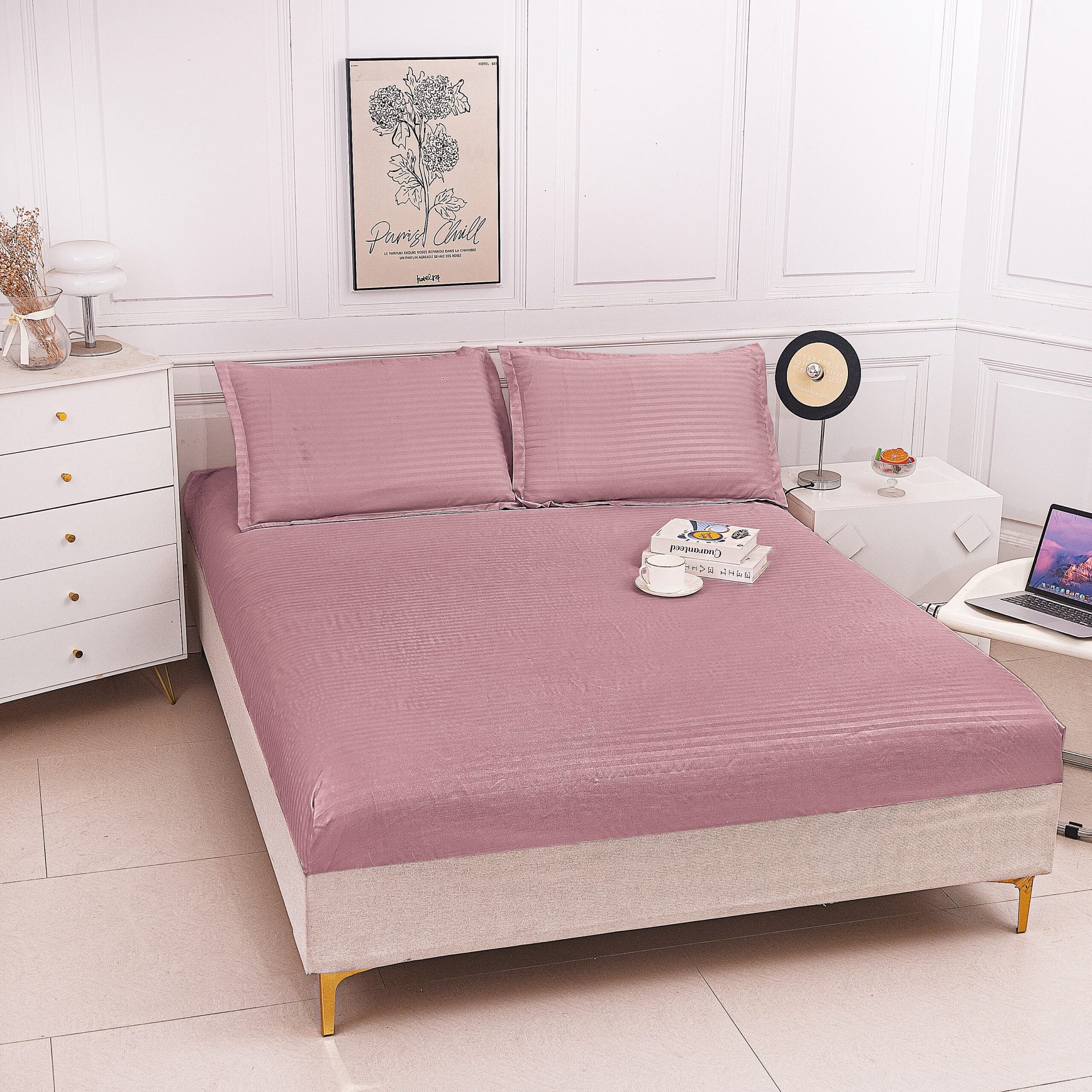 Husa de pat bumbac damasc Hotelier - cu elastic - 3 piese | 16802-P