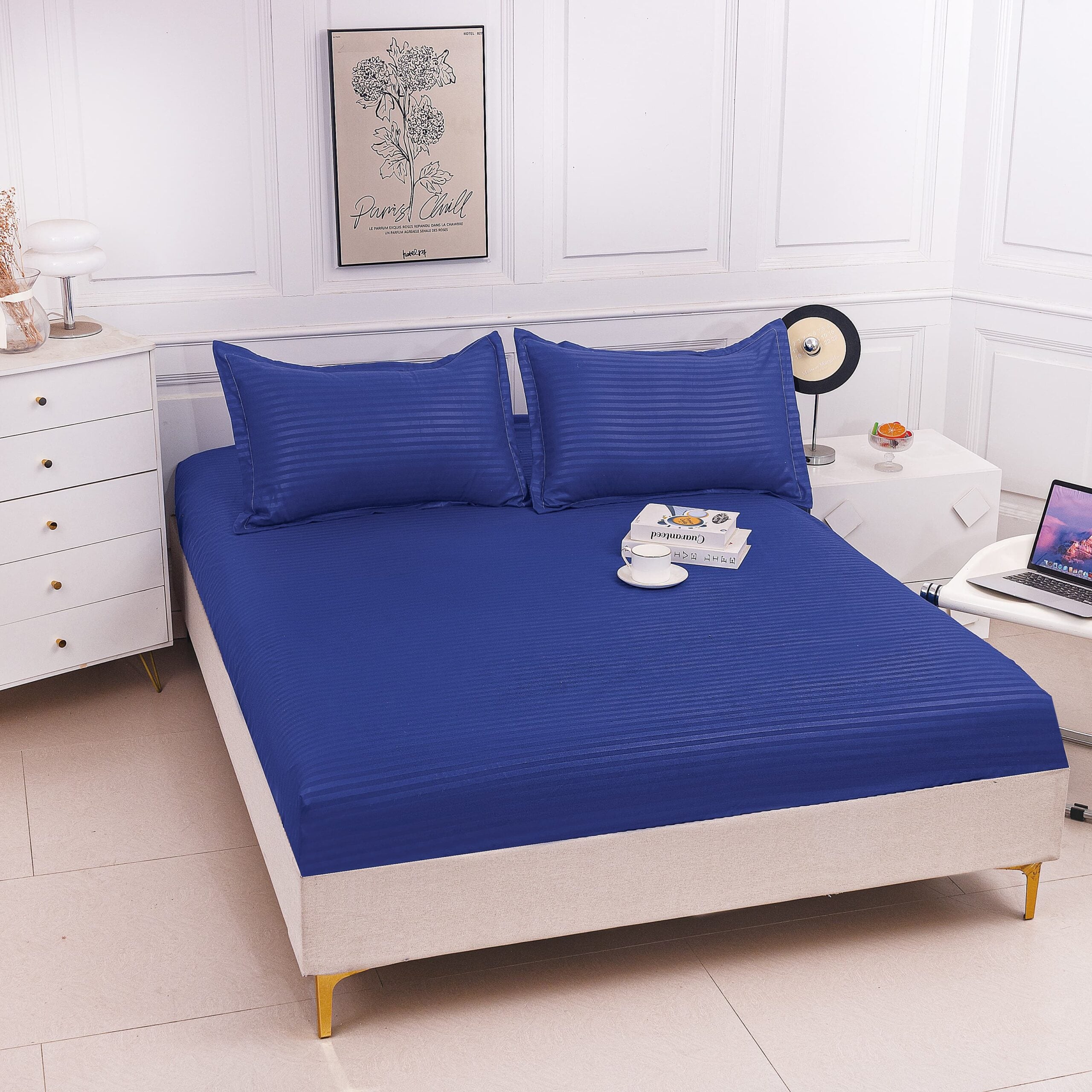 Husa de pat bumbac damasc Hotelier - cu elastic - 3 piese | 16804-P