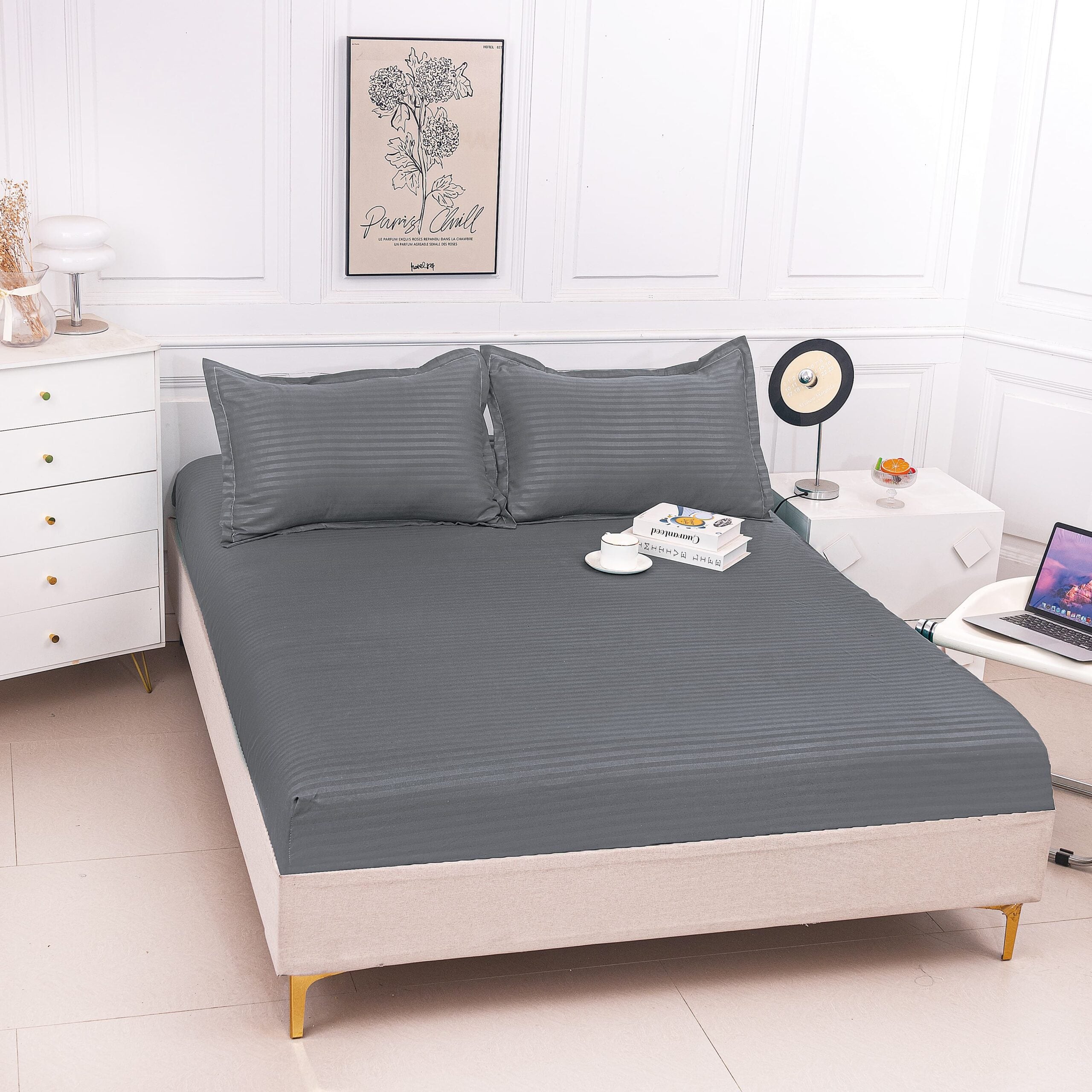 Husa de pat bumbac damasc Hotelier - cu elastic - 3 piese | 16796-P