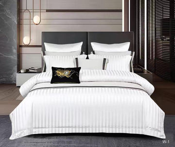 Lenjerie de Pat Damasc Hotelier Premium Alb 6 Piese cu Elastic 180x200- 18443-V