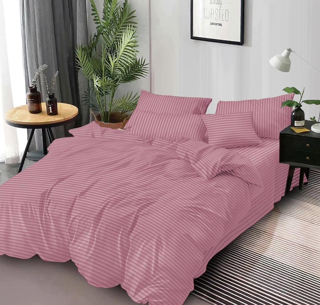 Lenjerie de Pat Damasc Hotelier Roz Pudrat cu Elastic 6 Piese, Dungi Fine Elegante, 180x200 cm – 18497-SE