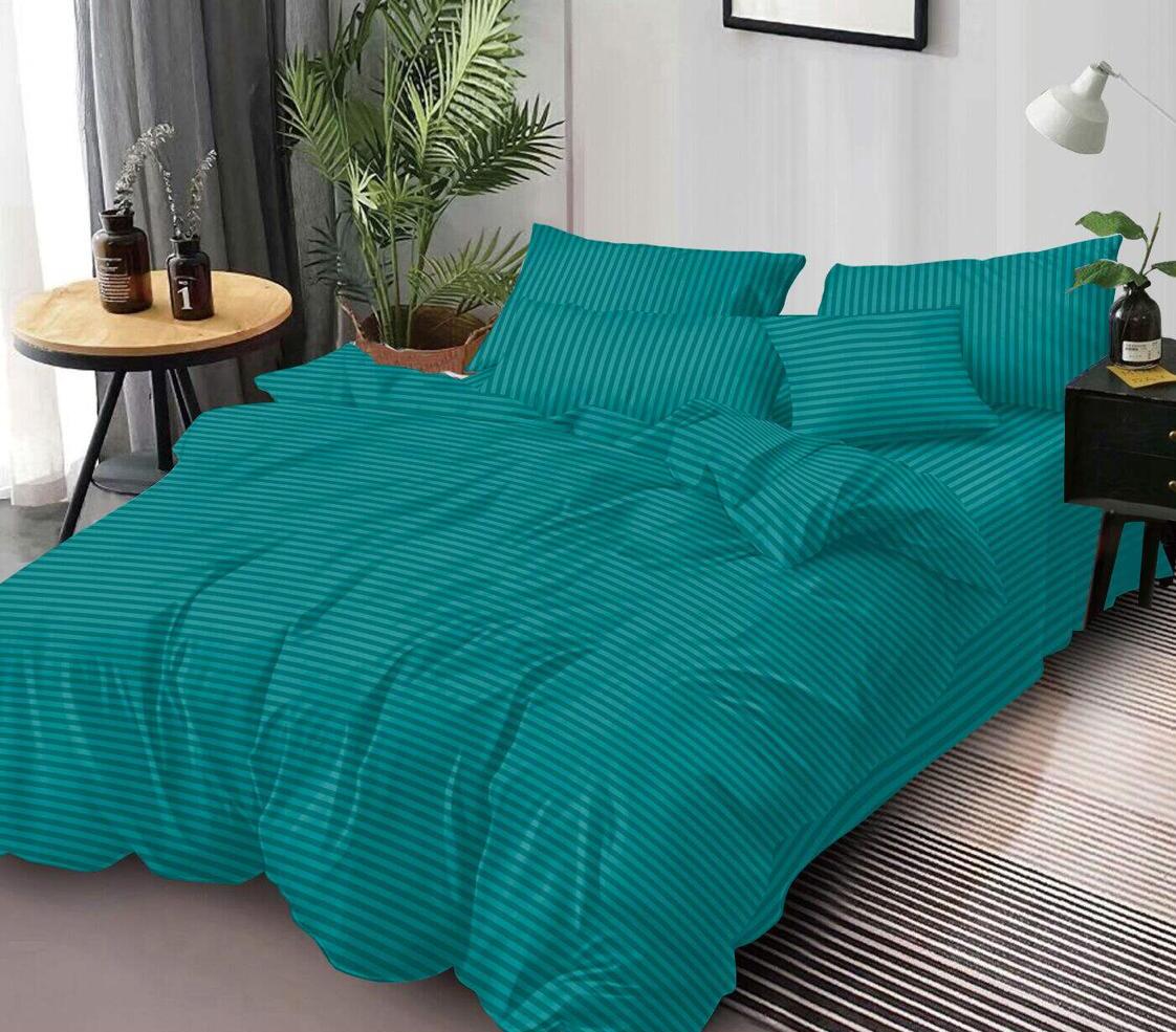 Lenjerie de Pat Damasc Hotelier Verde Petrol cu Elastic 6 Piese, Dungi Fine Satinate, 180x200 cm – 18499-SE