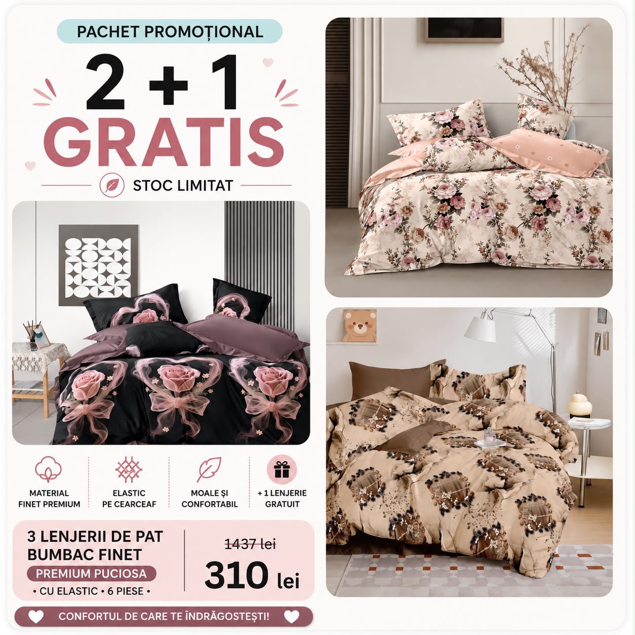 2 + 1 GRATIS - Lenjerie de pat bumbac finet Premium Pucioasa - cu elastic - 6 piese | 004