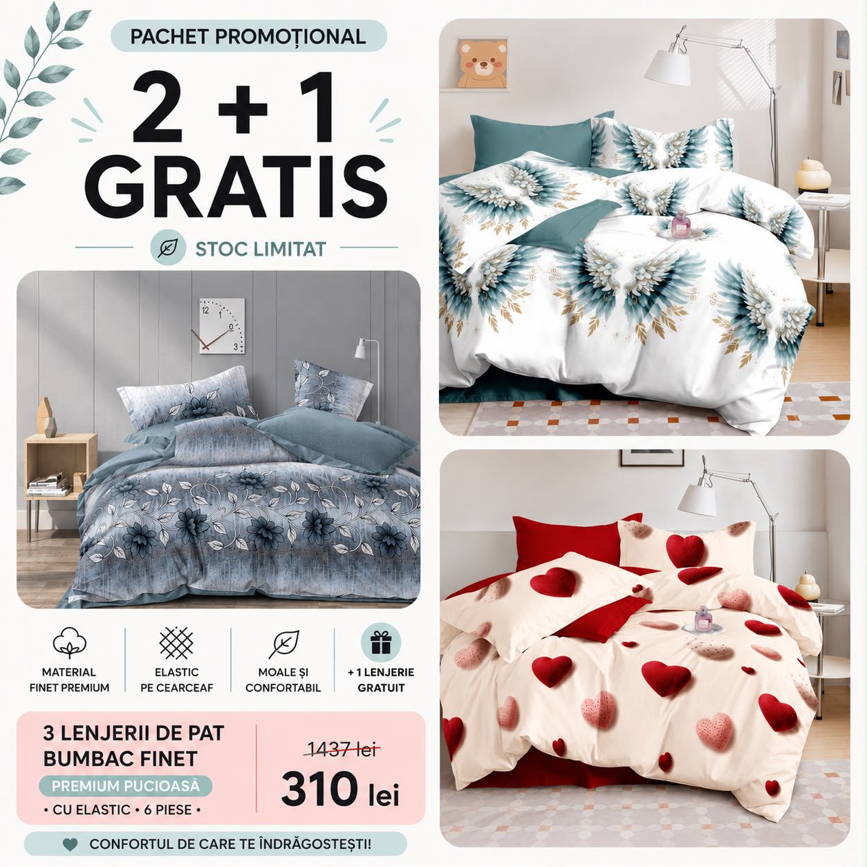 2 + 1 GRATIS - Lenjerie de pat bumbac finet Premium Pucioasa - cu elastic - 6 piese | 003