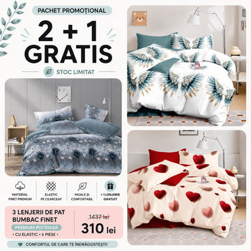 2 + 1 GRATIS - Lenjerie de pat bumbac finet Premium Pucioasa - cu elastic - 6 piese | 003
