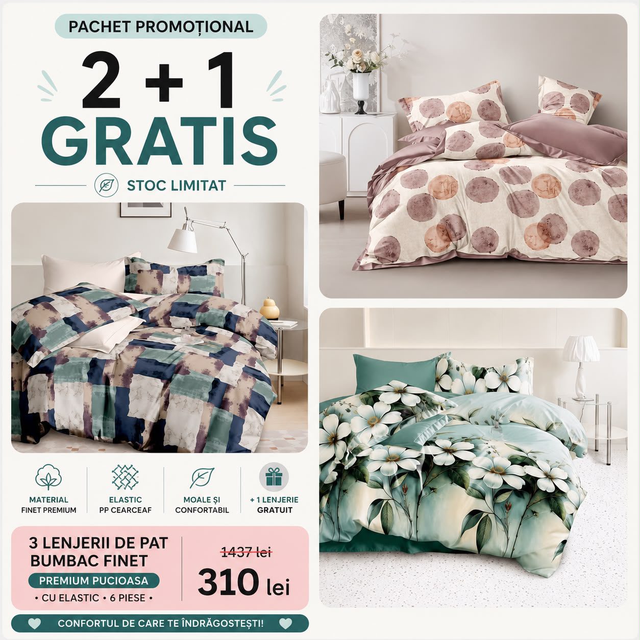 2 + 1 GRATIS - Lenjerie de pat bumbac finet Premium Pucioasa - cu elastic - 6 piese | 002