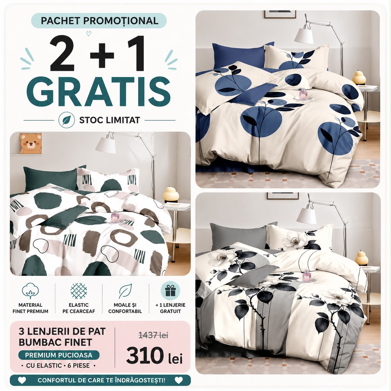 2 + 1 GRATIS - Lenjerie de pat bumbac finet Premium Pucioasa - cu elastic - 6 piese | 001