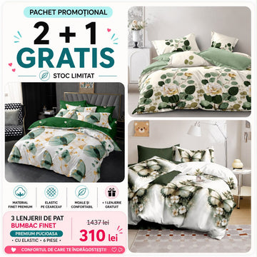 2 + 1 GRATIS - Lenjerie de pat bumbac finet Premium Pucioasa - cu elastic - 6 piese | 005