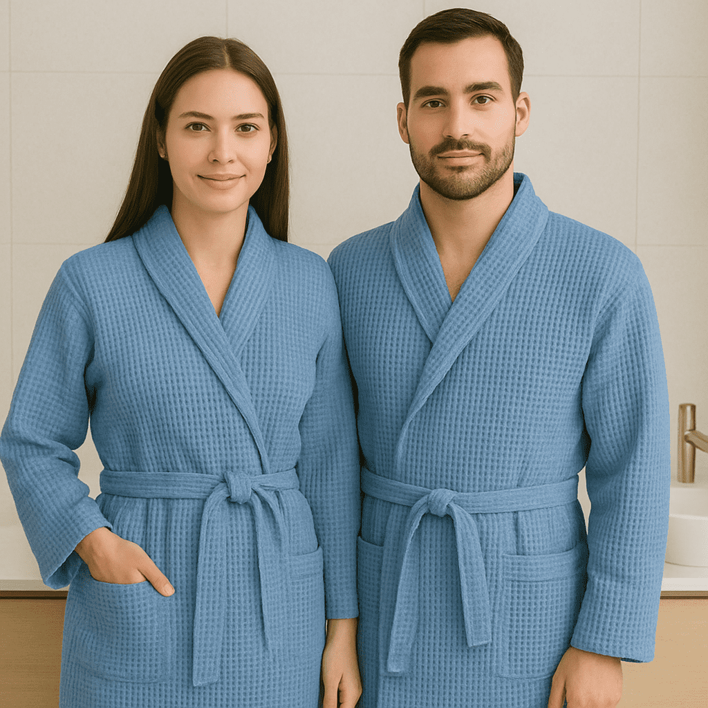 Halat de baie gofrat - 100% Bumbac - Albastru