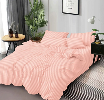 Lenjerie de Pat Damasc Hotelier Somon Deschis cu Elastic 6 Piese, Dungi Fine Elegante, 180x200 cm – 18499-SE