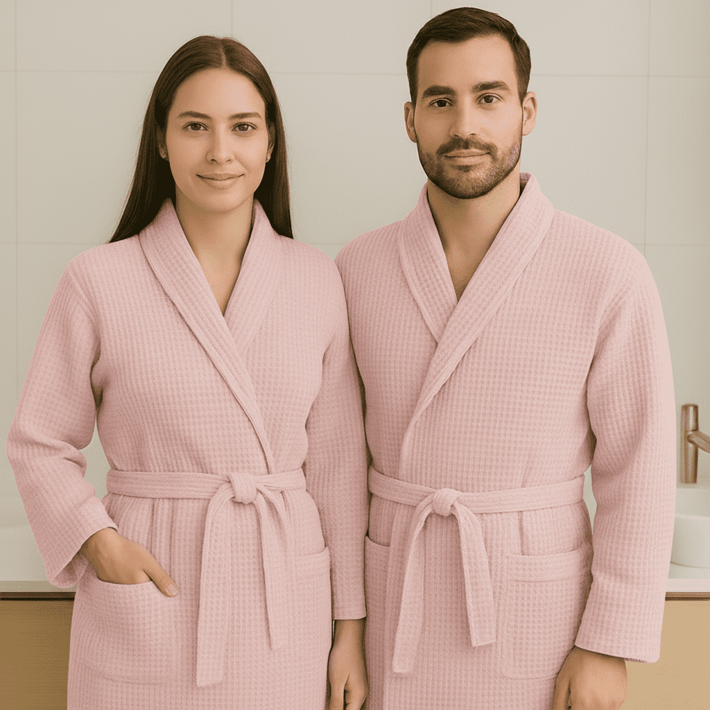 Halat de baie gofrat - 100% Bumbac - Roz Pudra