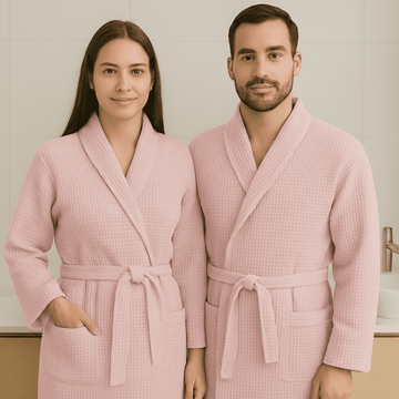 Halat de baie gofrat - 100% Bumbac - Roz Pudra